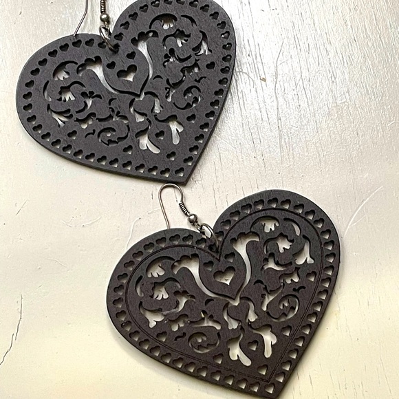 Carved Wooden Heart Earrings - Picture 1 of 1